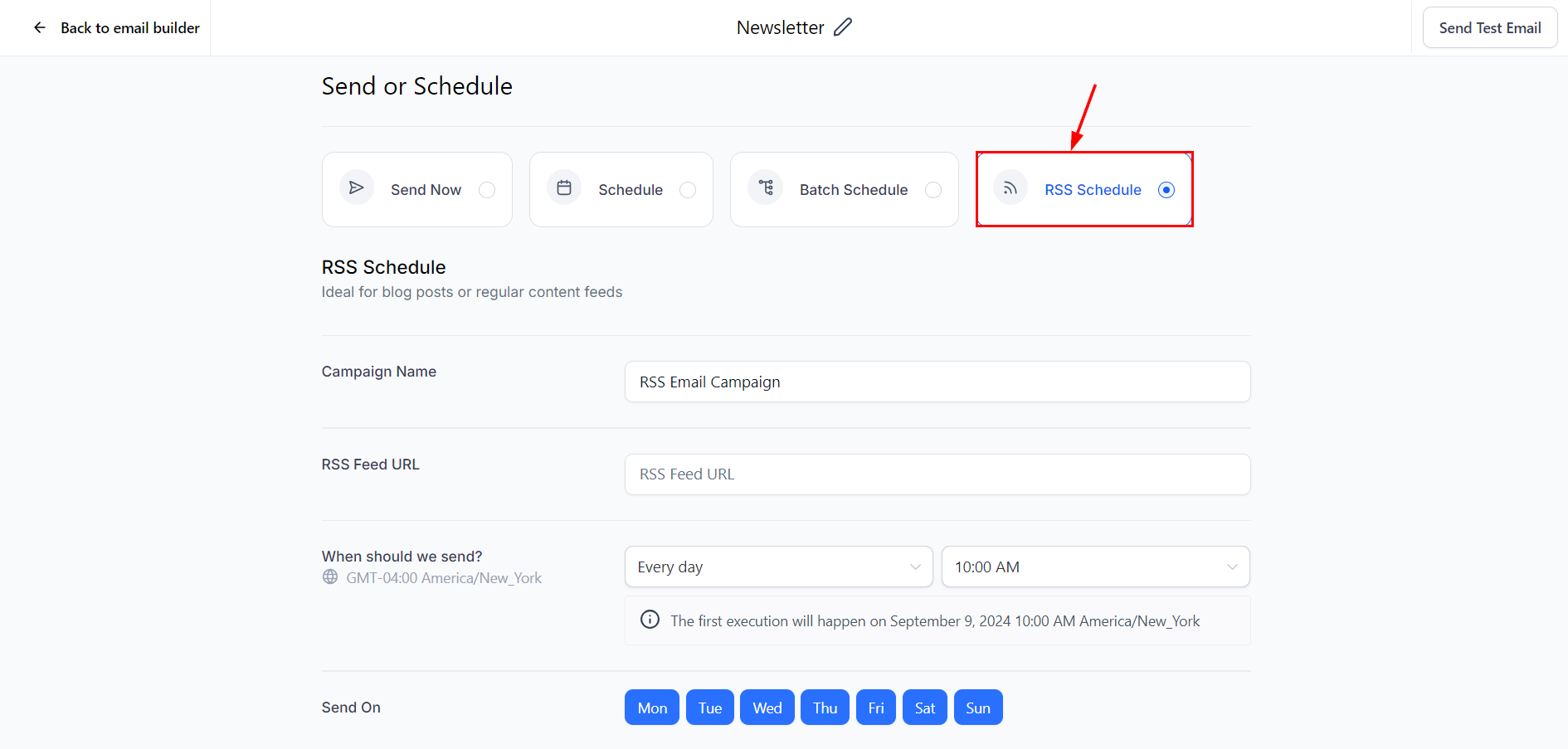 Growth360 Email Campaigns - RSS Schedule option