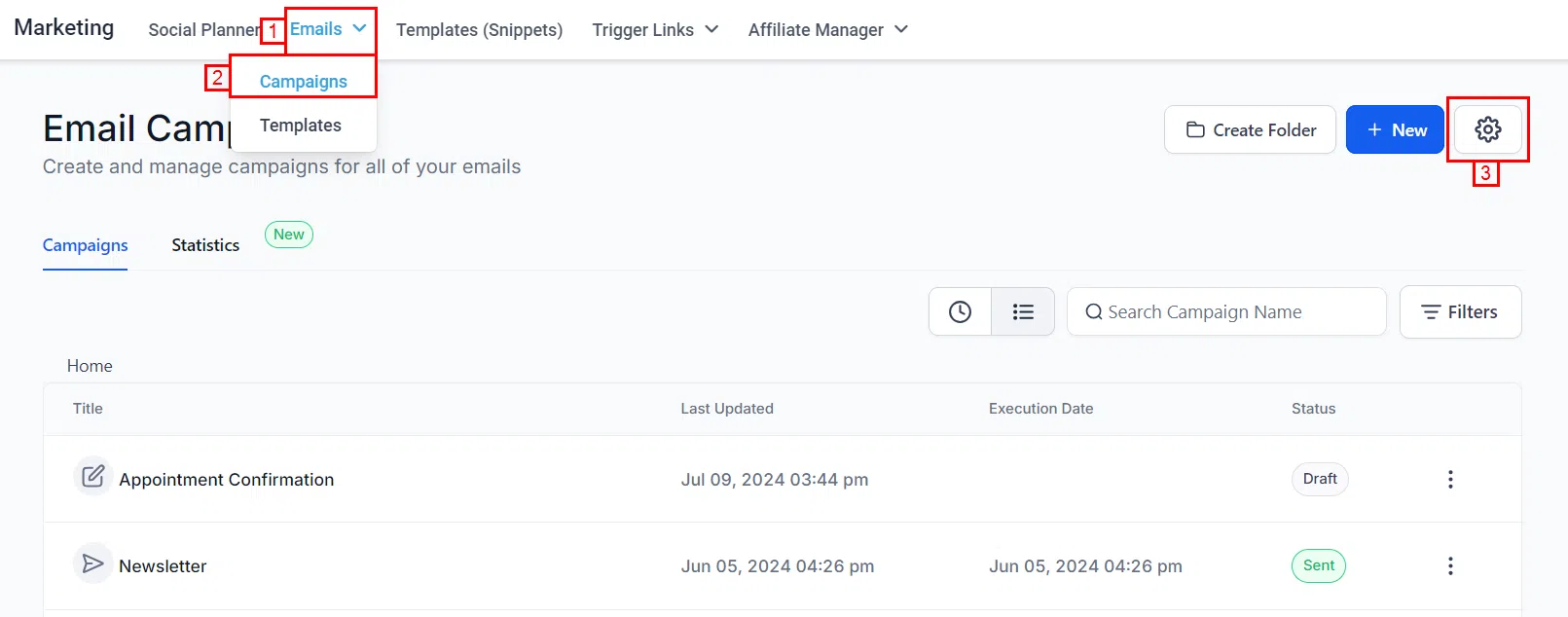 Growth360 Email Campaign Settings - gear icon