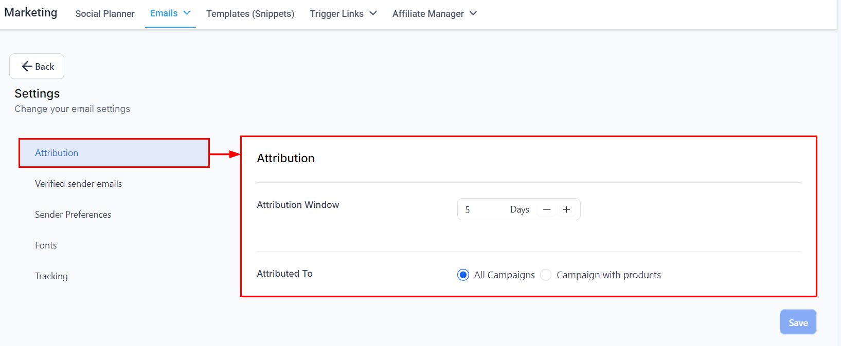 Growth360 Email Campaign Settings - attribution section