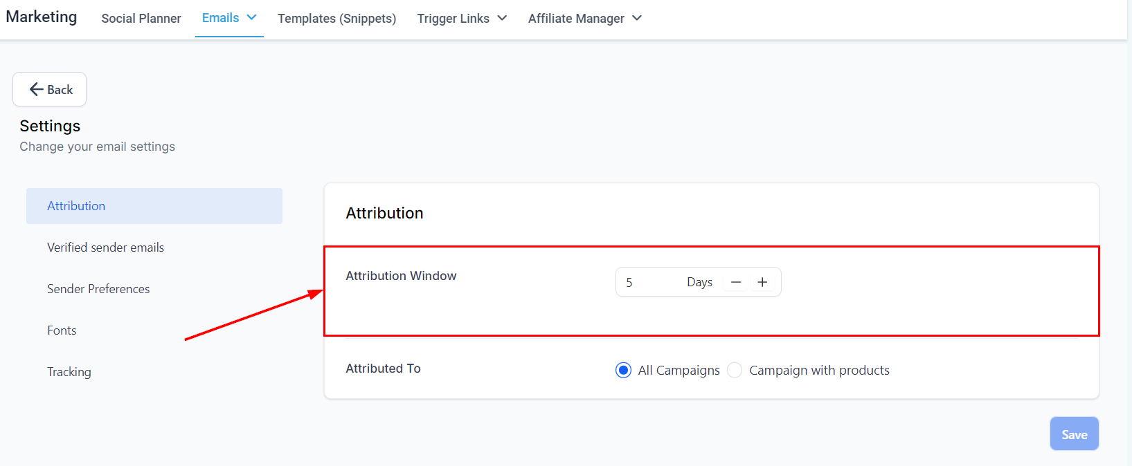 Growth360 Email Campaign Settings - attribution window