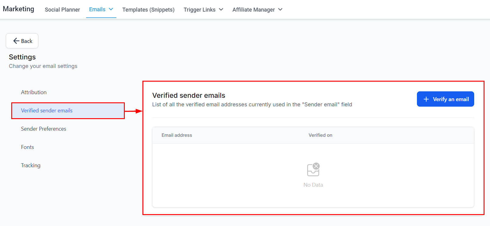 Growth360 Email Campaign Settings - verified sender email