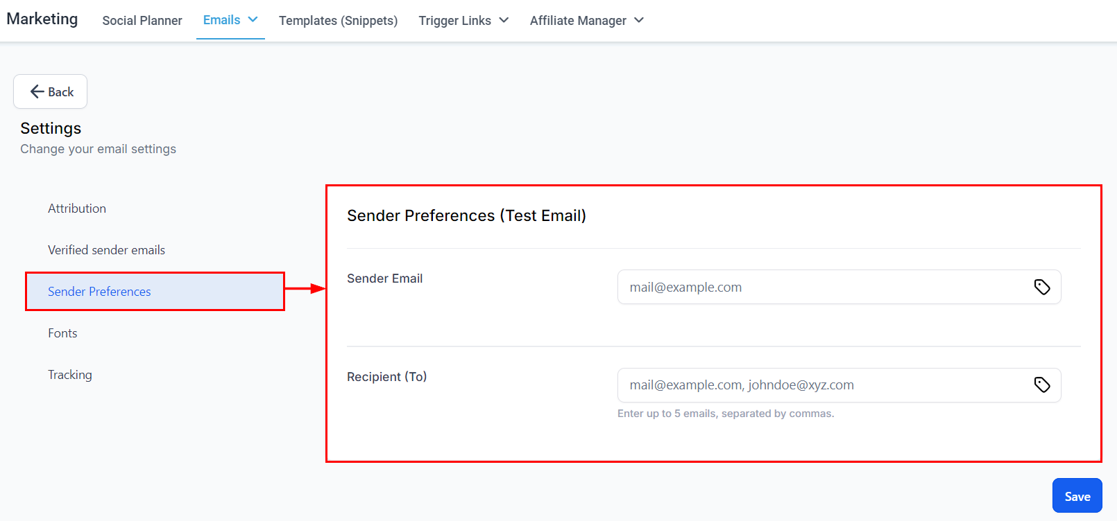 Growth360 Email Campaign Settings - sender preferences