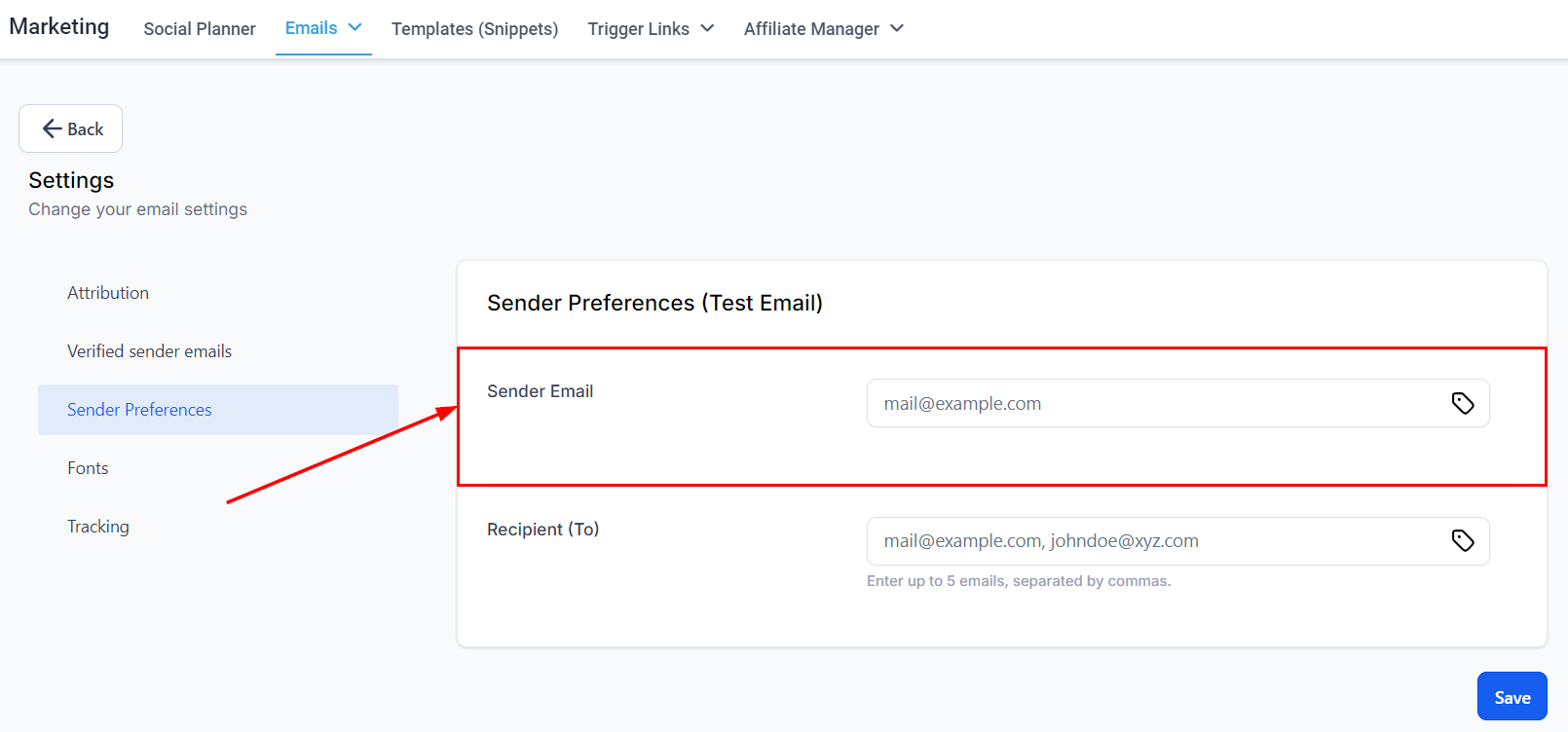 Growth360 Email Campaign Settings - sender email field