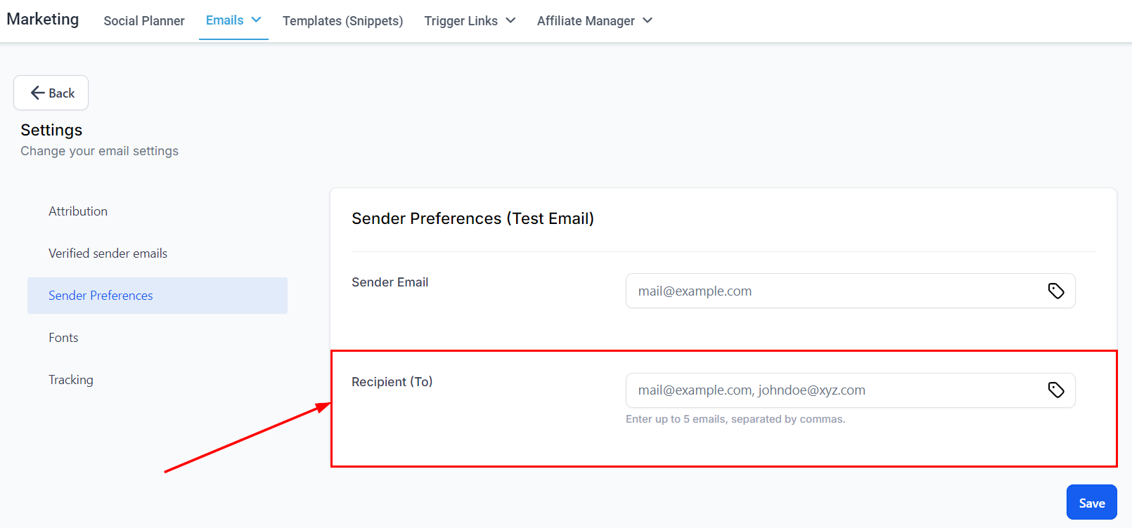 Growth360 Email Campaign Settings - recipient test email