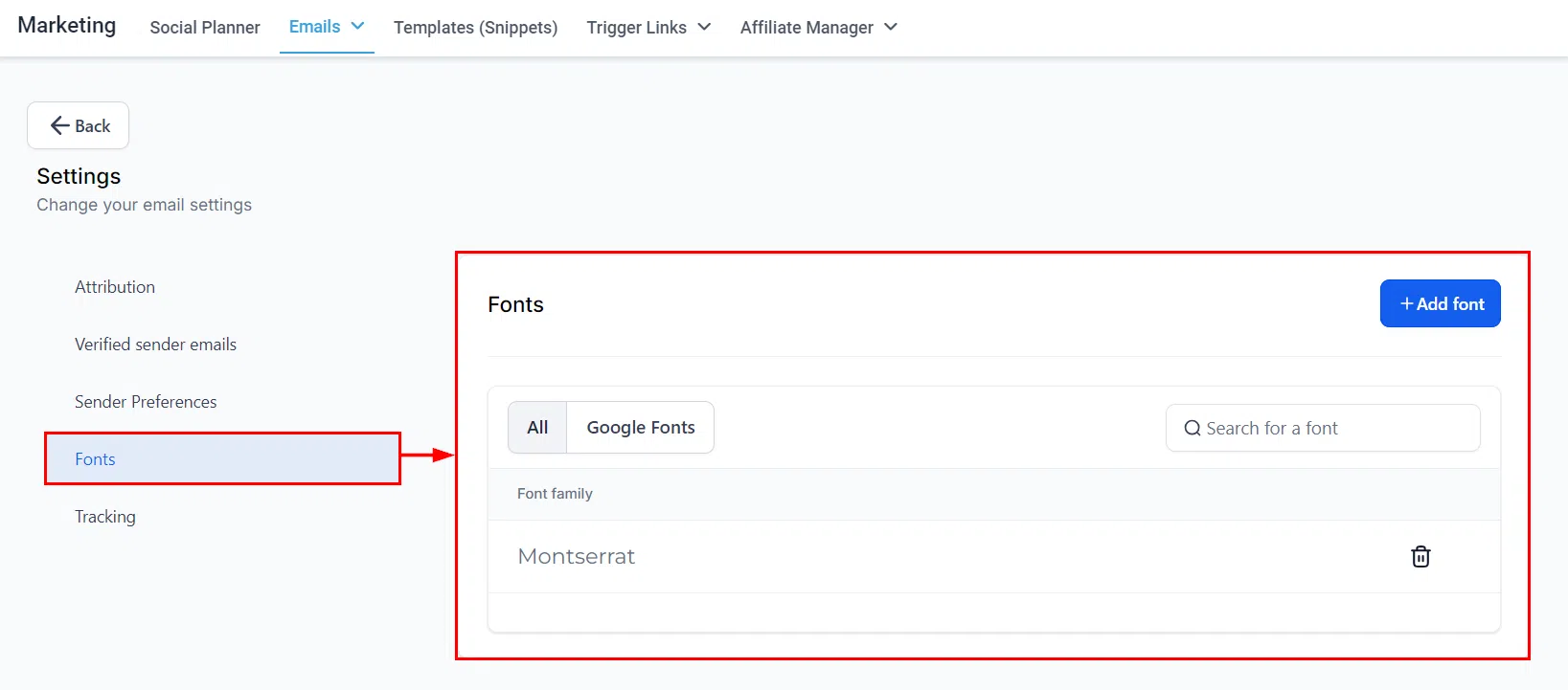 Growth360 Email Campaign Settings - fonts section