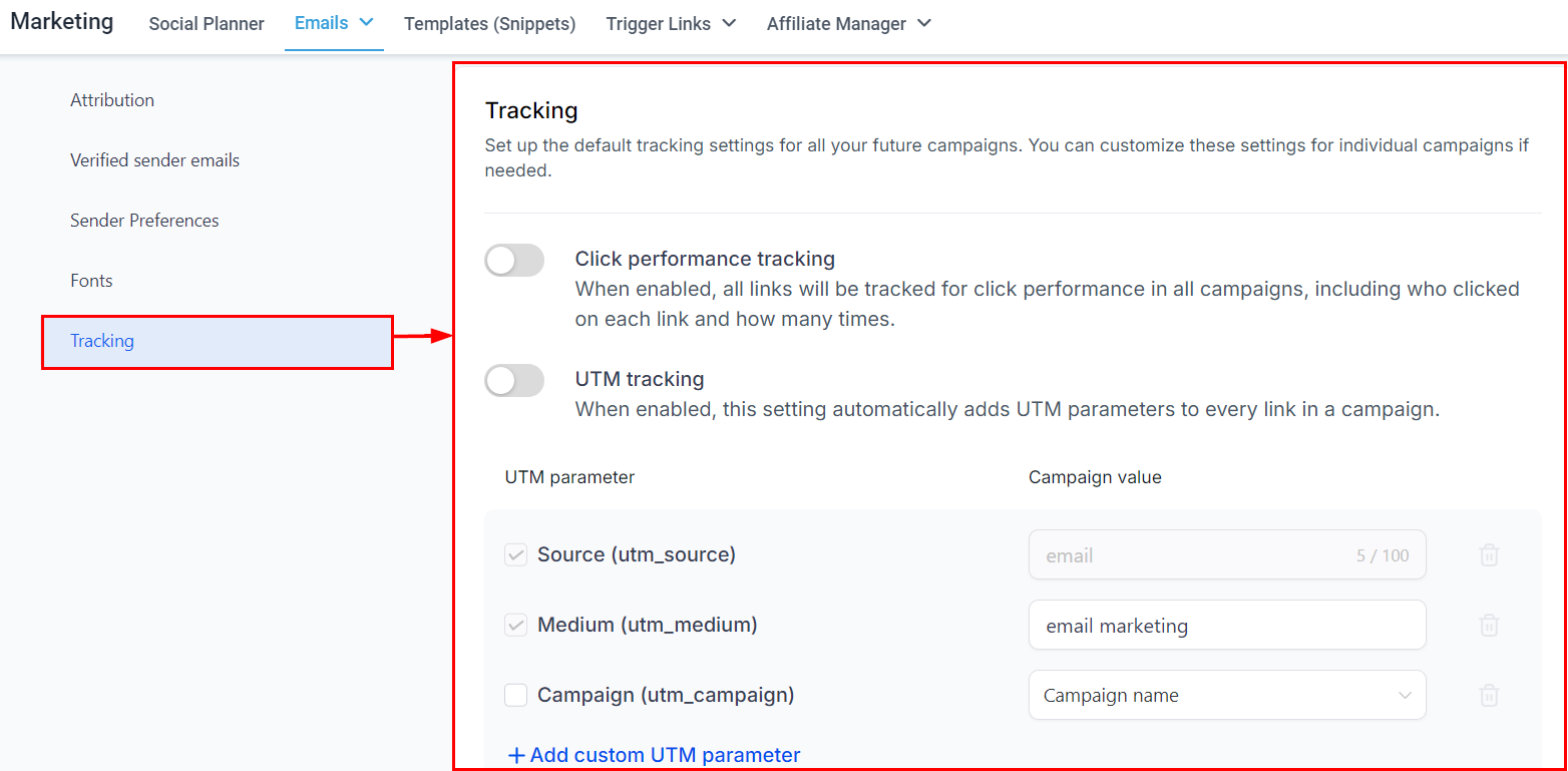Growth360 Email Campaign Settings - tracking section