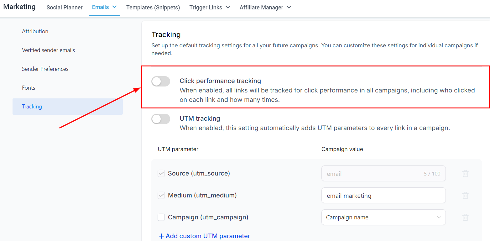 Growth360 Email Campaign Settings - click performance tracking