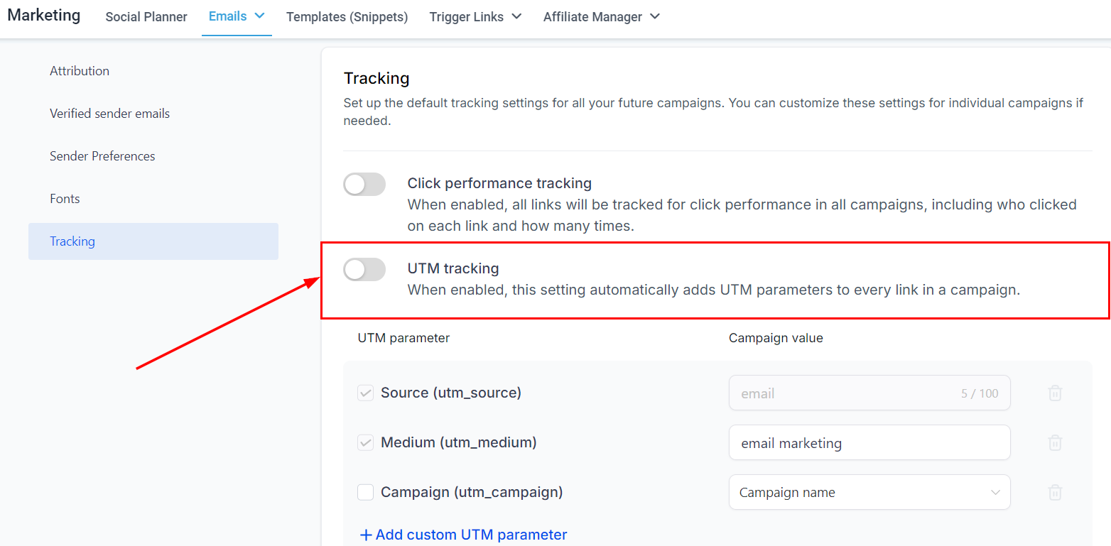 Growth360 Email Campaign Settings - UTM tracking toggle