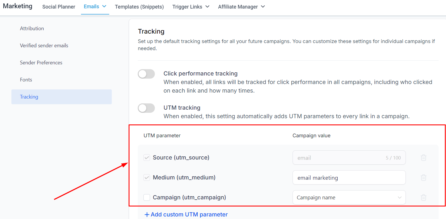 Growth360 Email Campaign Settings - UTM parameter list