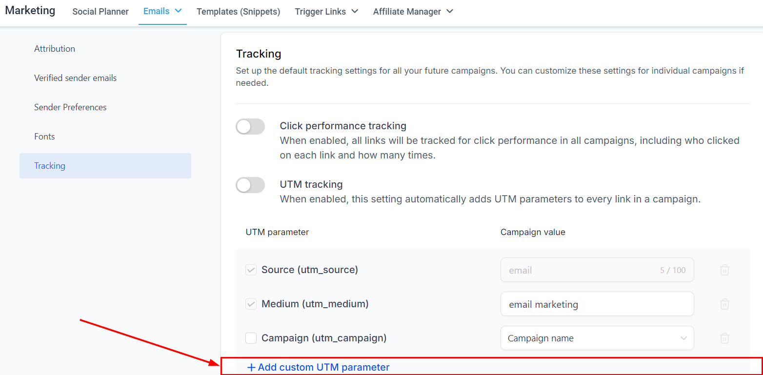 Growth360 Email Campaign Settings - add UTM parameter