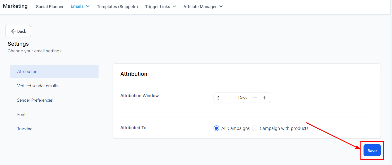 Growth360 Email Campaign Settings - Save button