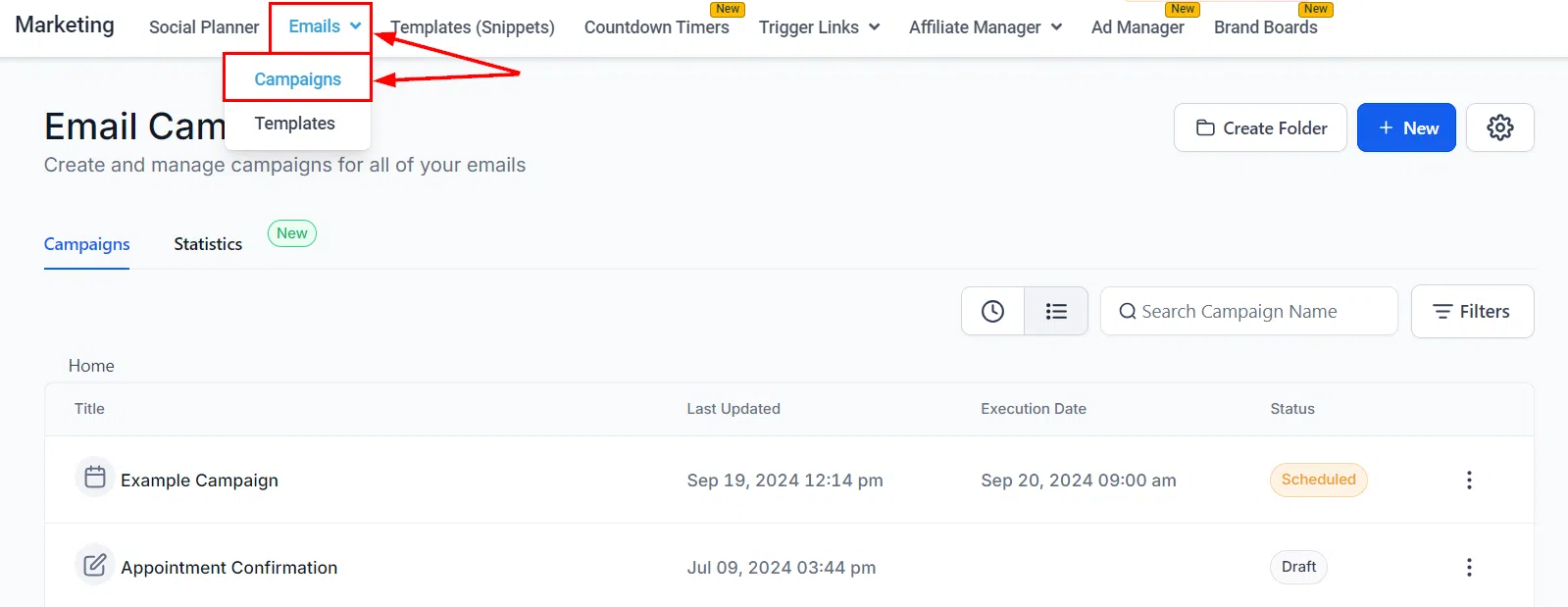 Growth360 Email Campaigns - scheduled campaign list
