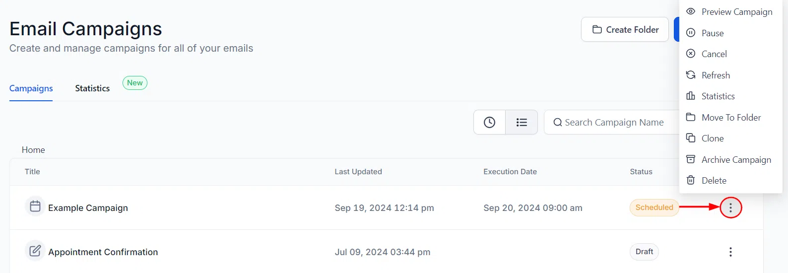 Growth360 Email Campaign - actions menu (three dots)