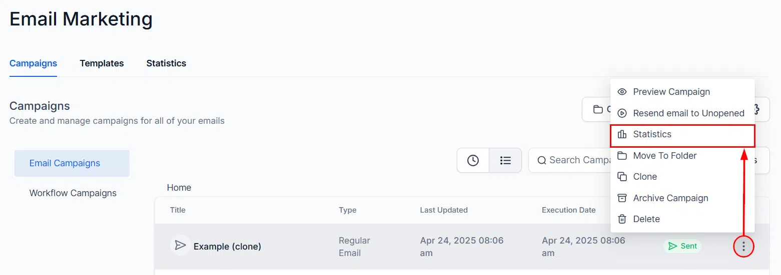 Growth360 Email Campaign - Statistics option in menu