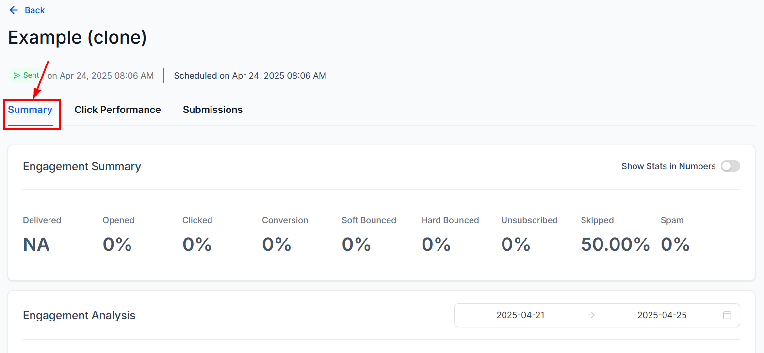Growth360 Individual Campaign Statistics - summary section