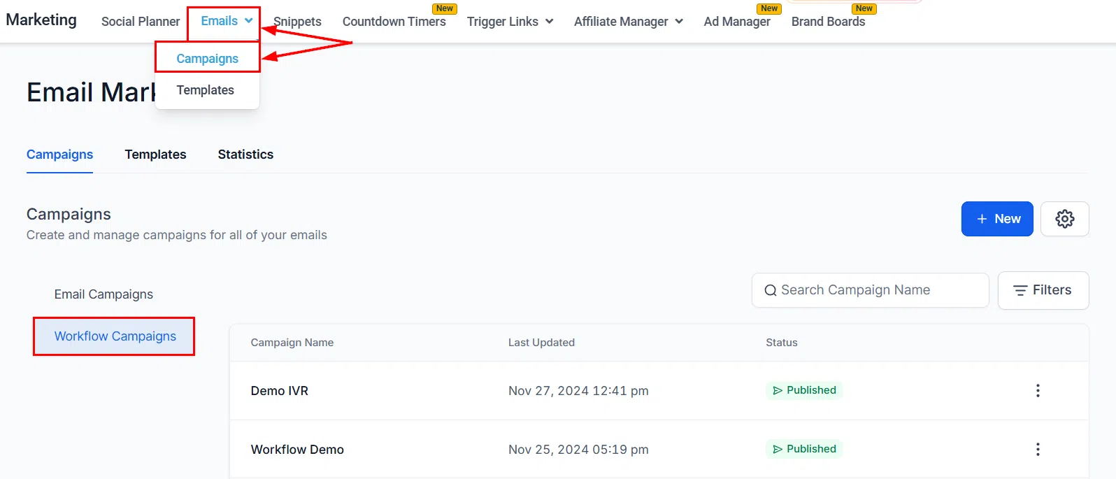 Growth360 Email Campaigns - Workflow Campaigns tab
