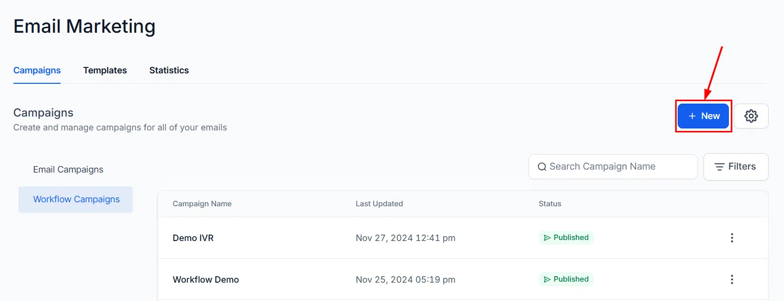 Growth360 Workflow Campaigns - New workflow button