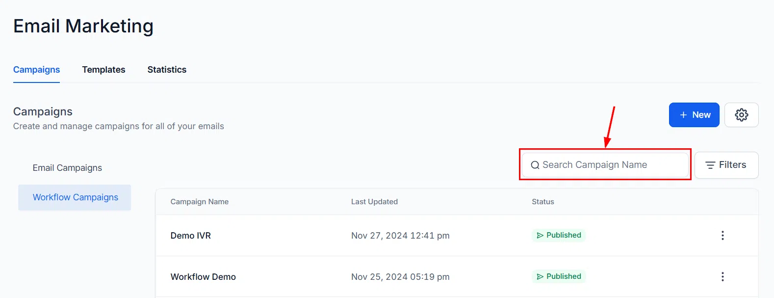Growth360 Workflow Campaigns - search bar