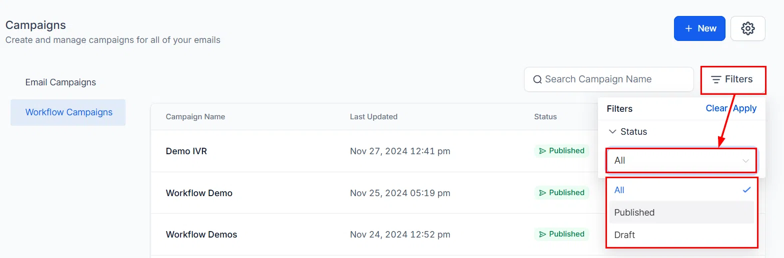 Growth360 Workflow Campaigns - status filters