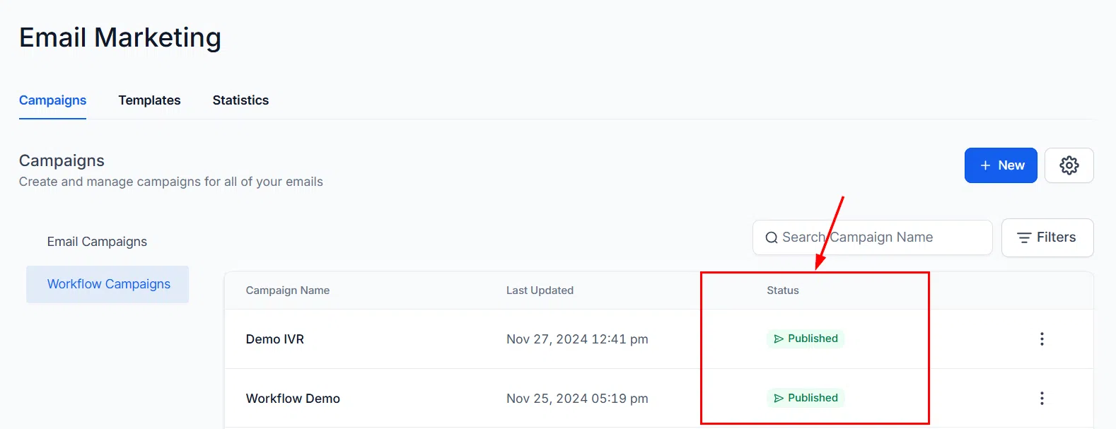 Growth360 Workflow Campaigns - status column