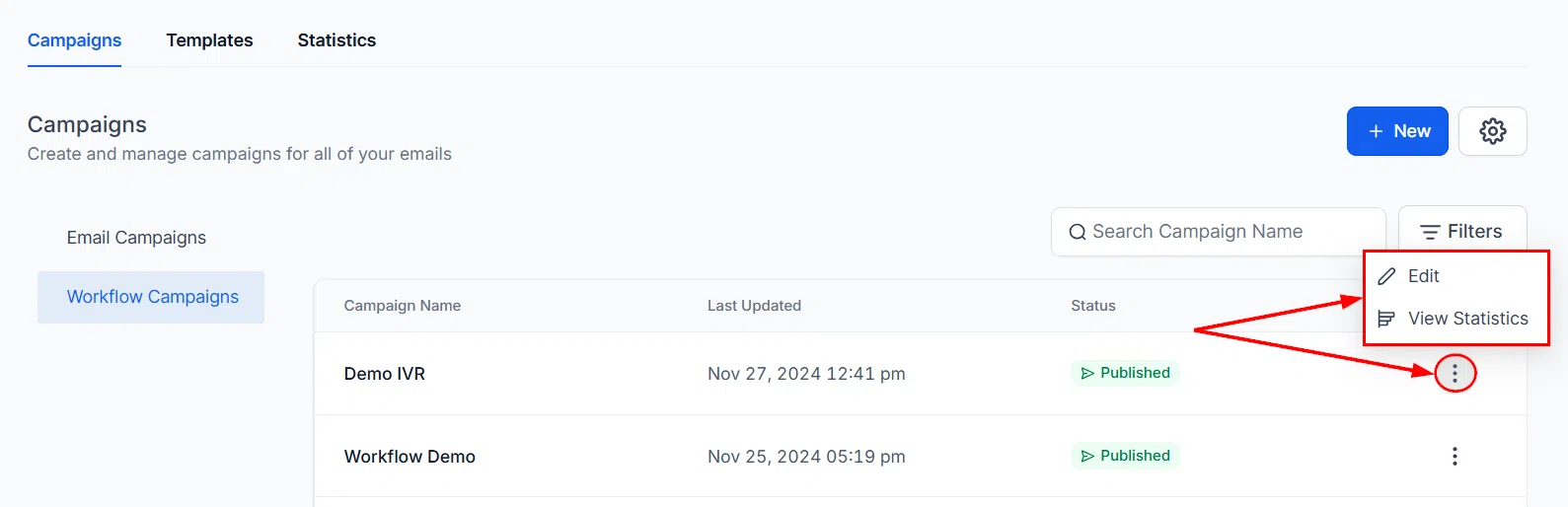 Growth360 Workflow Campaigns - actions menu