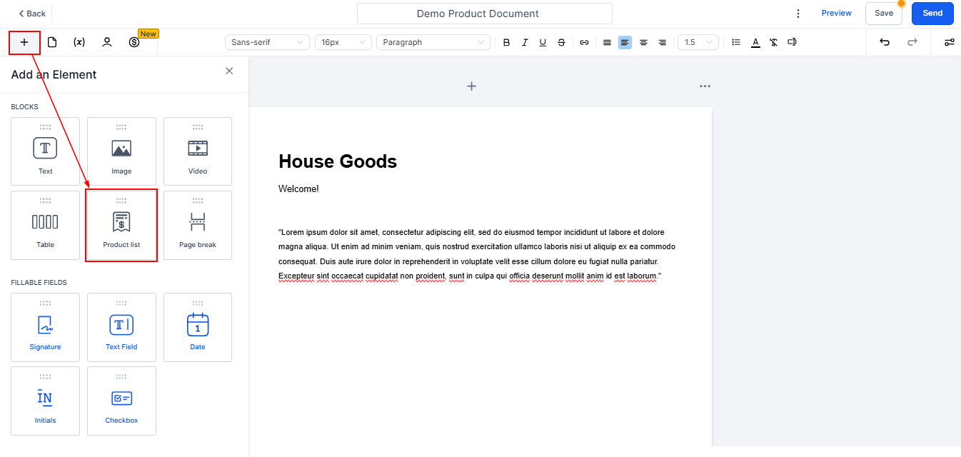Growth360 Recurring Products - Recurring product list element in the document builder