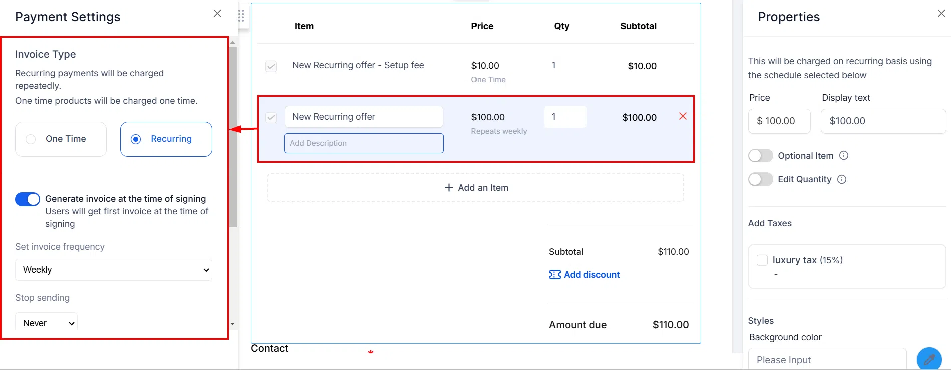 Growth360 Recurring Products - Recurring offer configuration with billing frequency options