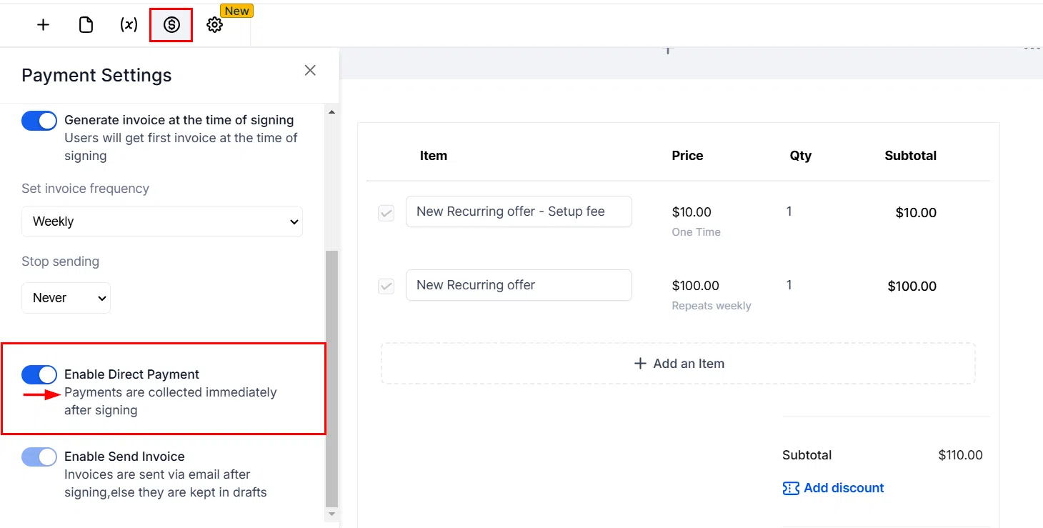 Growth360 Recurring Products - Direct payment enabled for a recurring product document