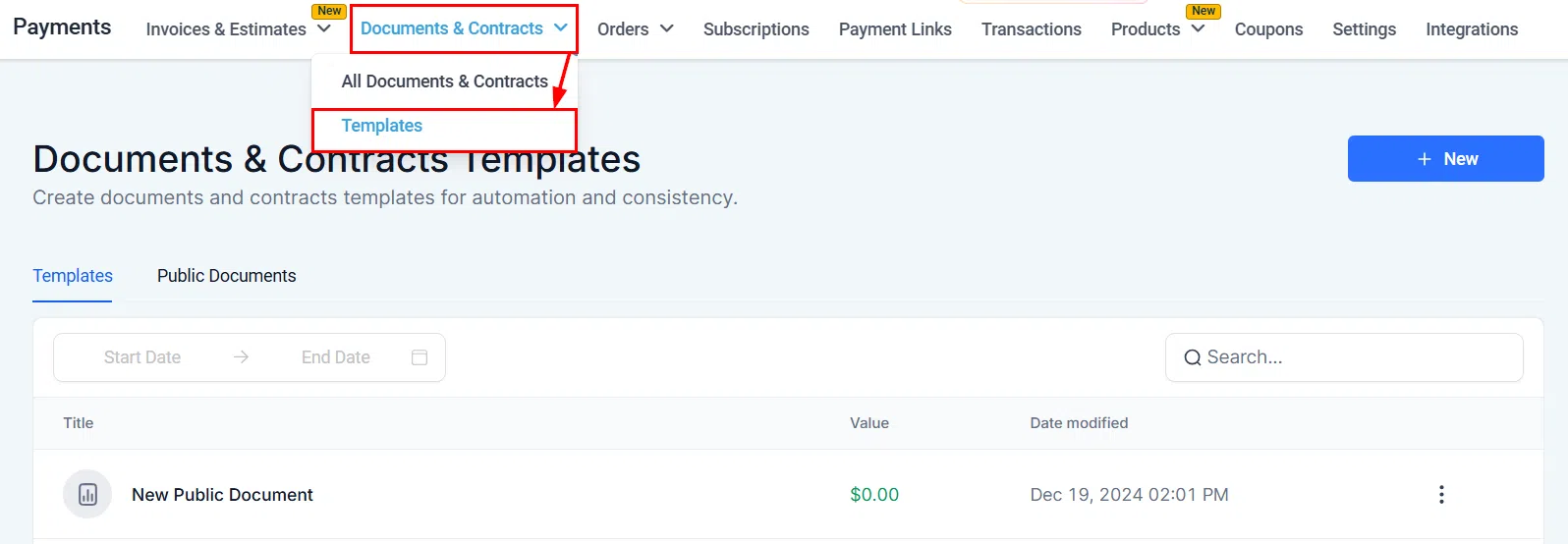 Growth360 Public Documents - Templates section showing Public Document option
