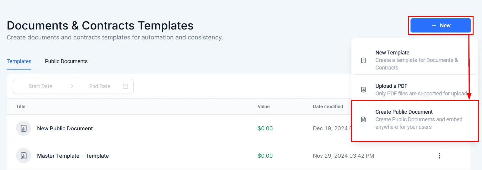 Growth360 Public Documents - New Template options with Public Document type selected