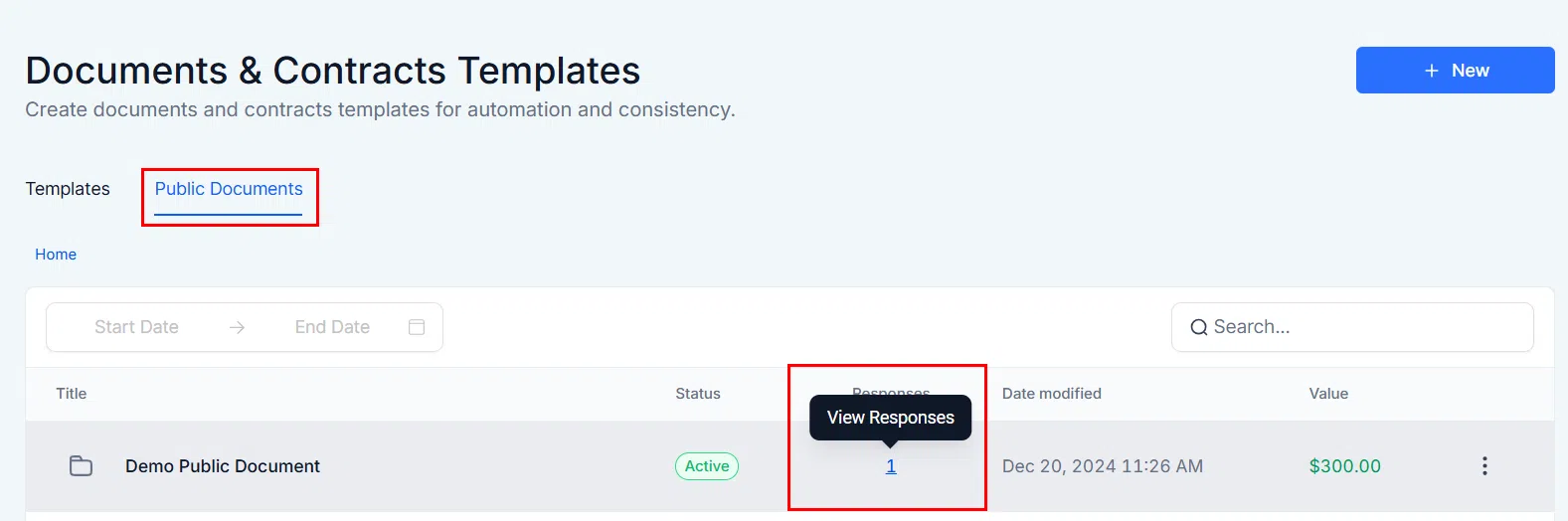 Growth360 Public Documents - View Responses option showing all submissions for the public document
