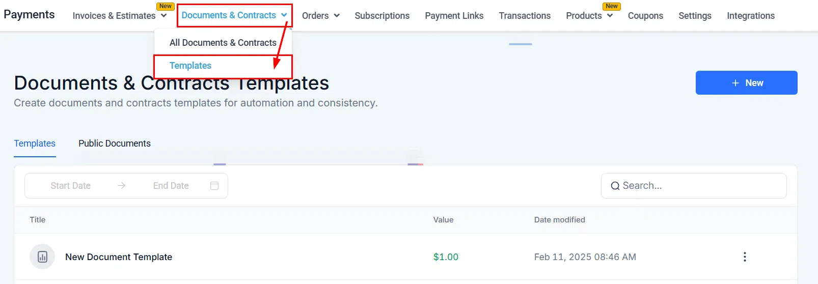 Growth360 Payment Plans - Templates section for creating a document with a payment plan