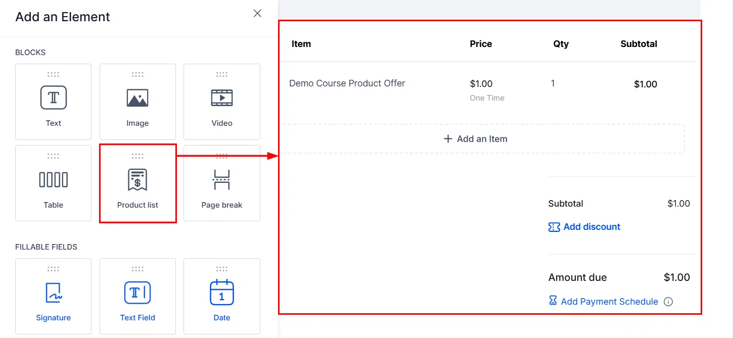 Growth360 Payment Plans - Product list element with items added to the payment plan document
