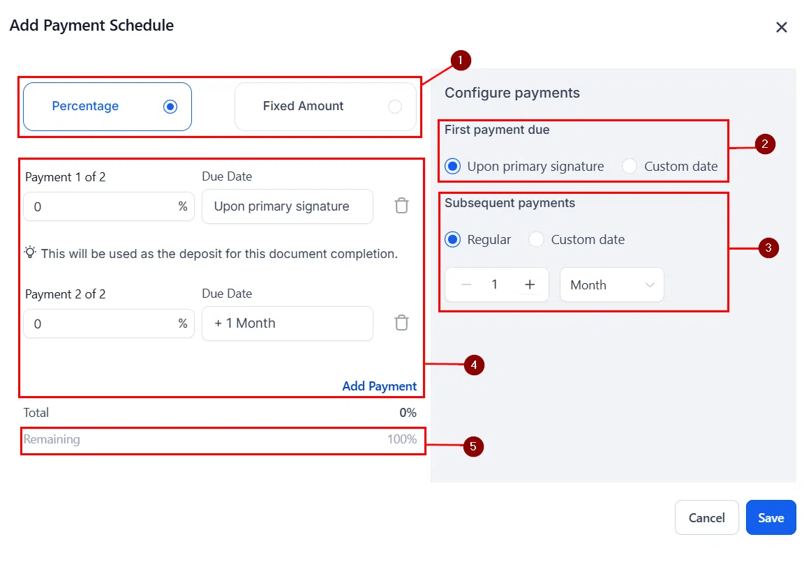 Growth360 Payment Plans - Payments tab showing scheduled instalment invoices after document signing