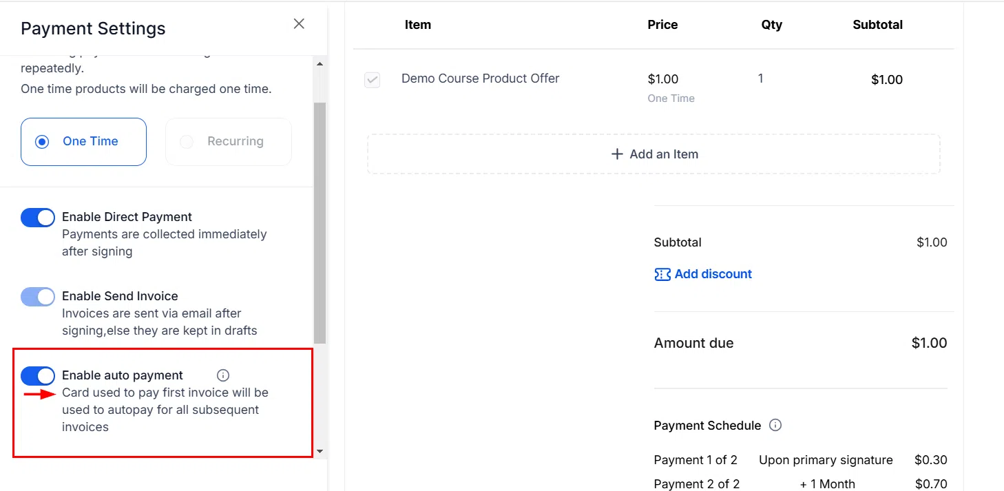 Growth360 Payment Plans - Auto Payment toggle for automatic instalment charging