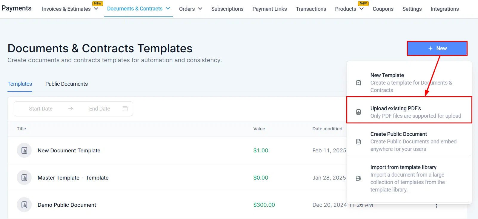 Growth360 PDF Upload - Documents and Contracts section showing Upload PDF option