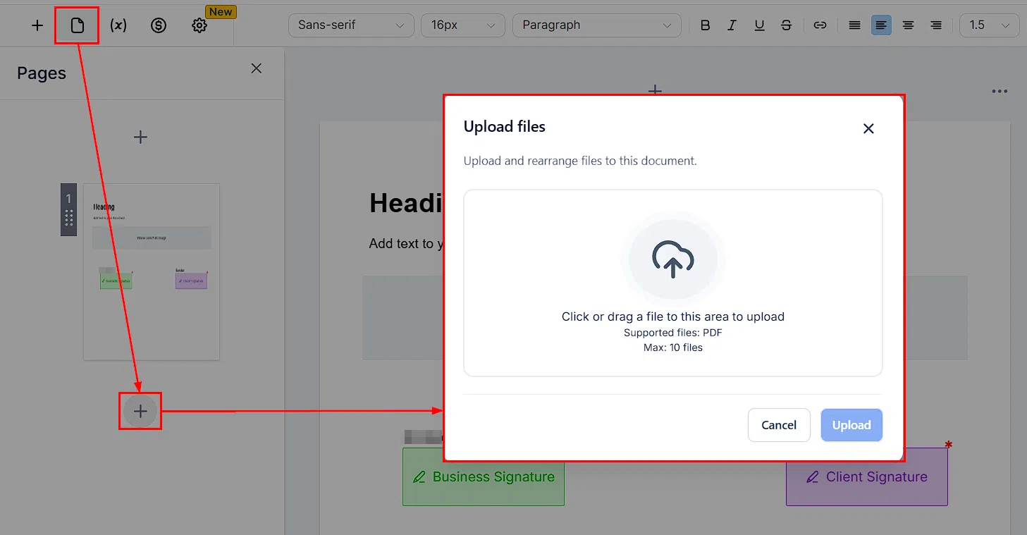 Growth360 PDF Upload - Signature field placed on the uploaded PDF document
