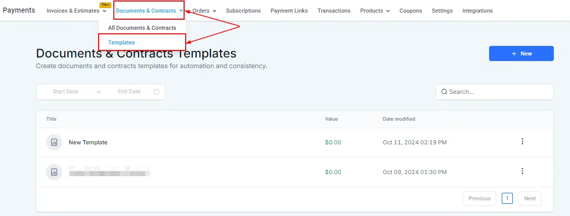 Growth360 Documents Templates - Templates section showing saved document templates