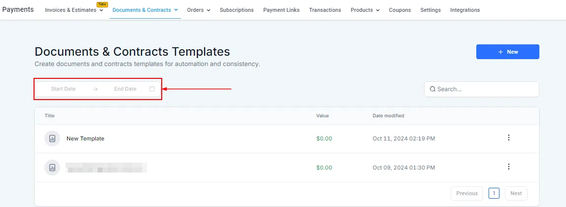 Growth360 Documents Templates - Date Range filter on the Templates list