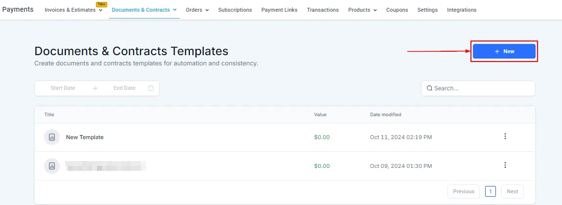Growth360 Documents Templates - Template action menu with Edit Clone Delete and Use options