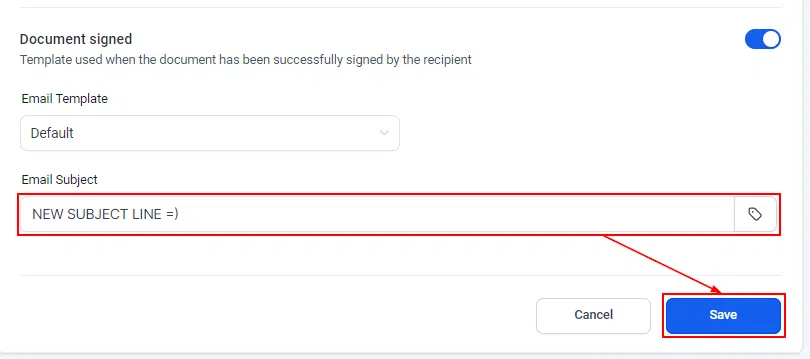 Growth360 Document Email - Saved subject line configuration for the document template