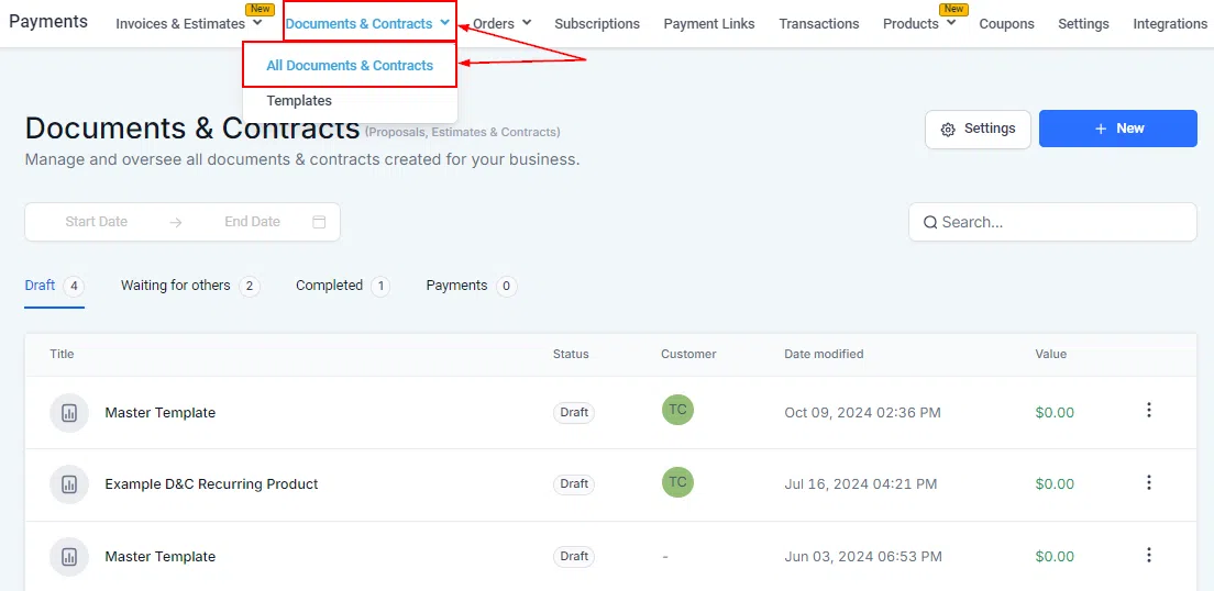 Growth360 Documents and Contracts - All Documents and Contracts list view
