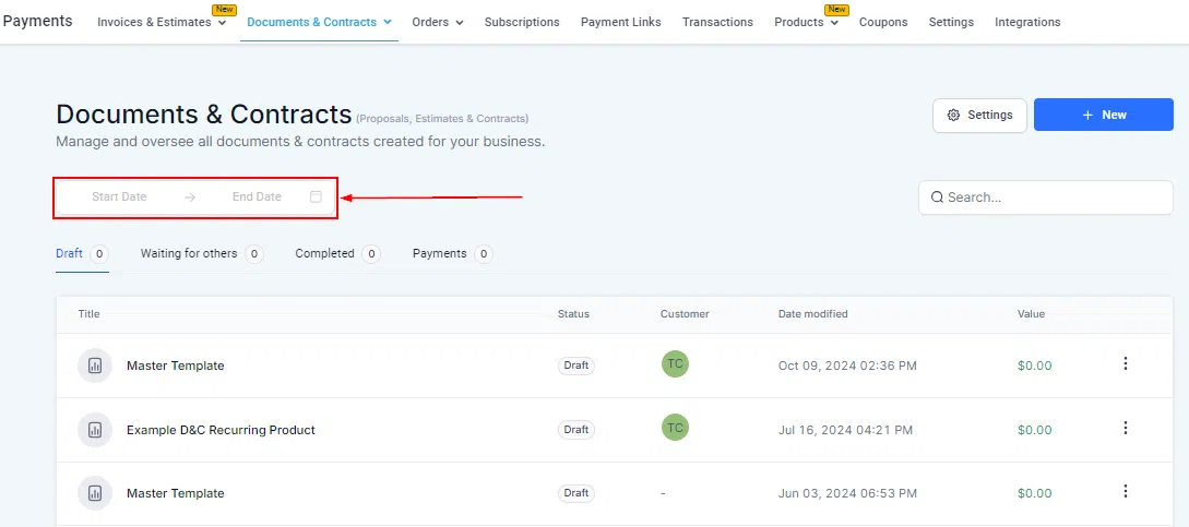Growth360 Documents and Contracts - Date Range filter on document list