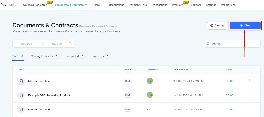 Growth360 Documents and Contracts - New button with document type options