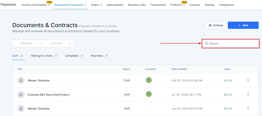 Growth360 Documents and Contracts - Document status tabs showing Draft Sent Viewed Signed Completed