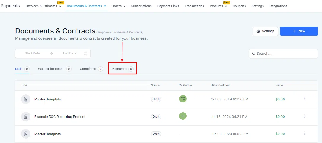 Growth360 Documents and Contracts - Settings button in document list header