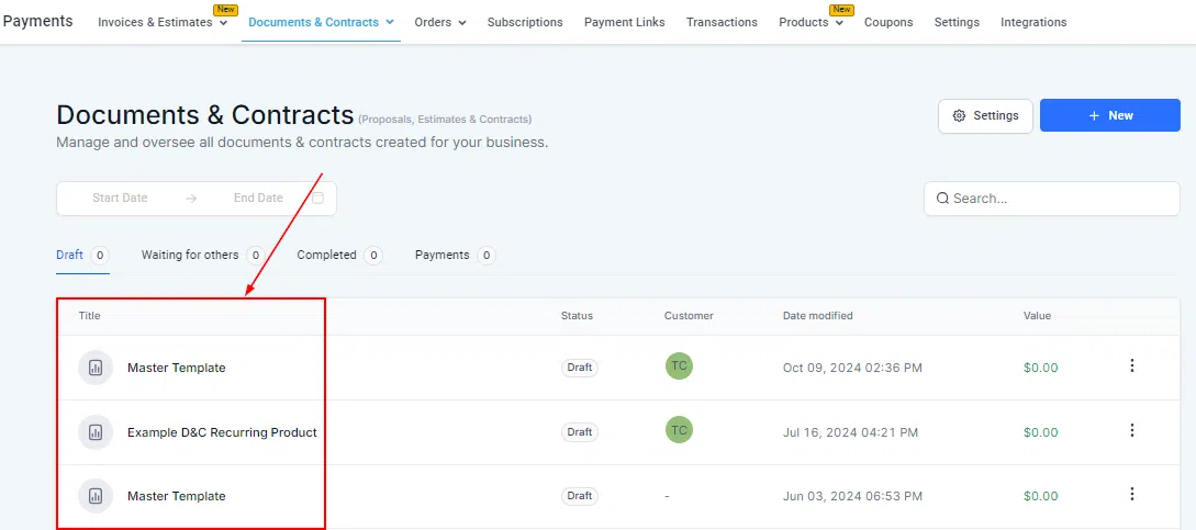 Growth360 Documents and Contracts - Action menu showing View History View Clone Delete and other options