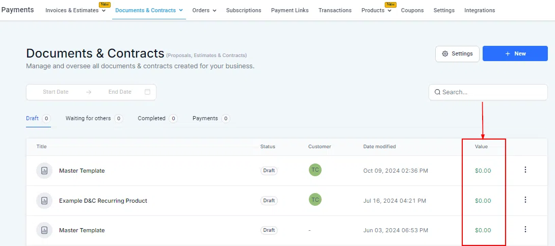 Growth360 Documents and Contracts - Document action menu expanded with all options visible