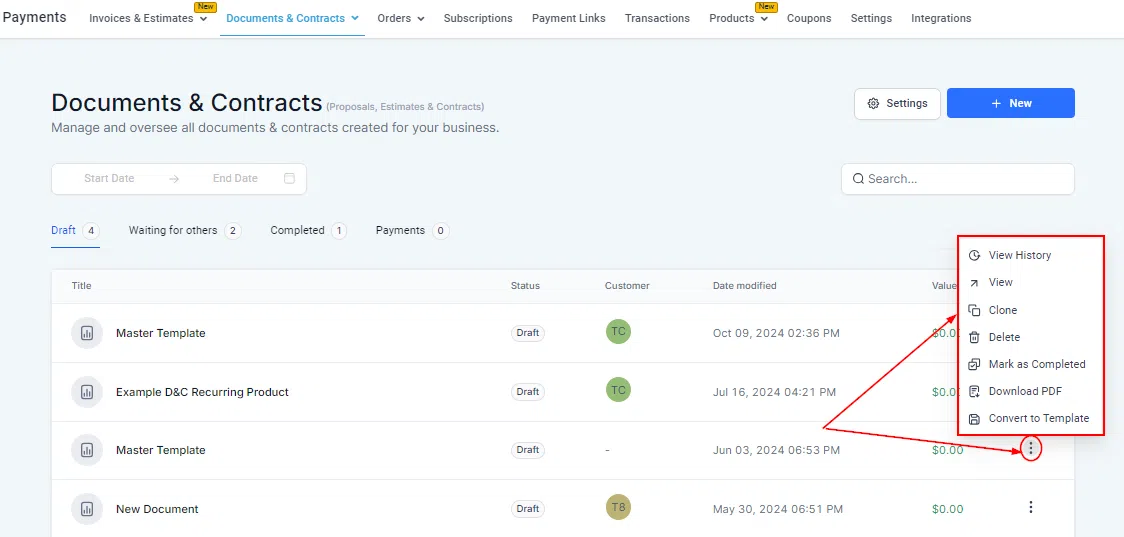 Growth360 Documents and Contracts - Document list with action menu highlighted