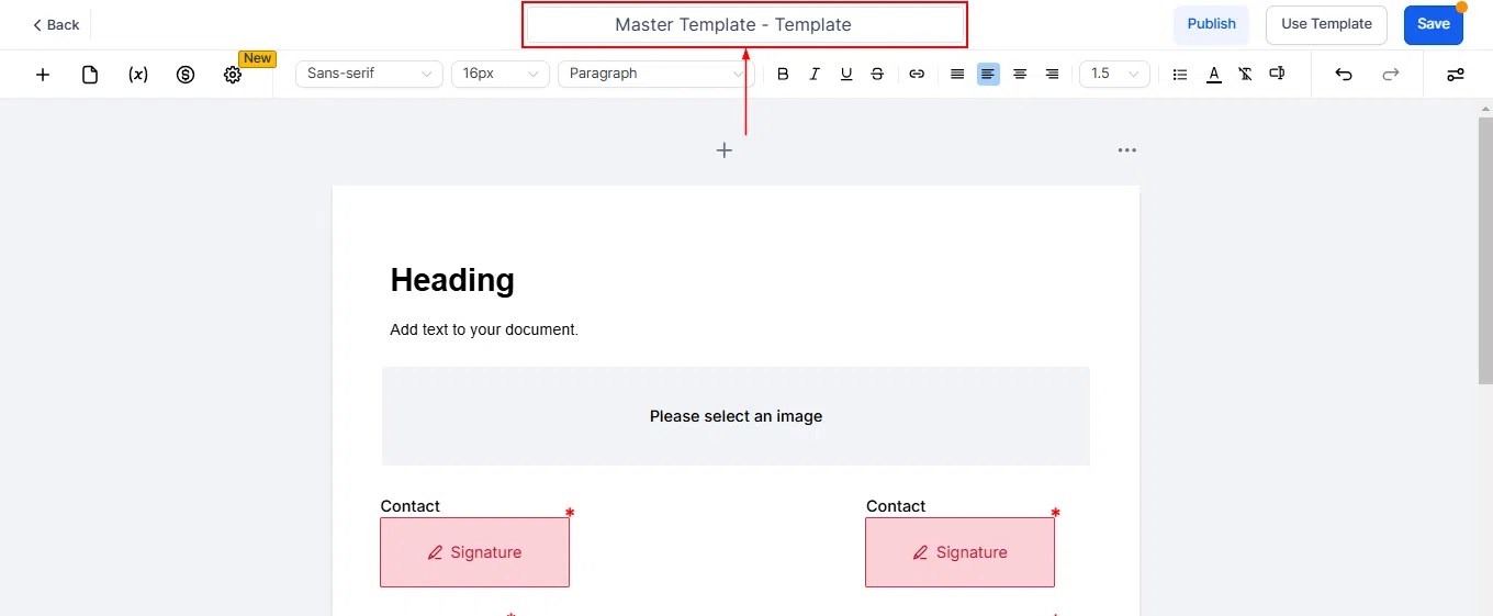 Growth360 Documents and Contracts Builder - Template name field at top of builder